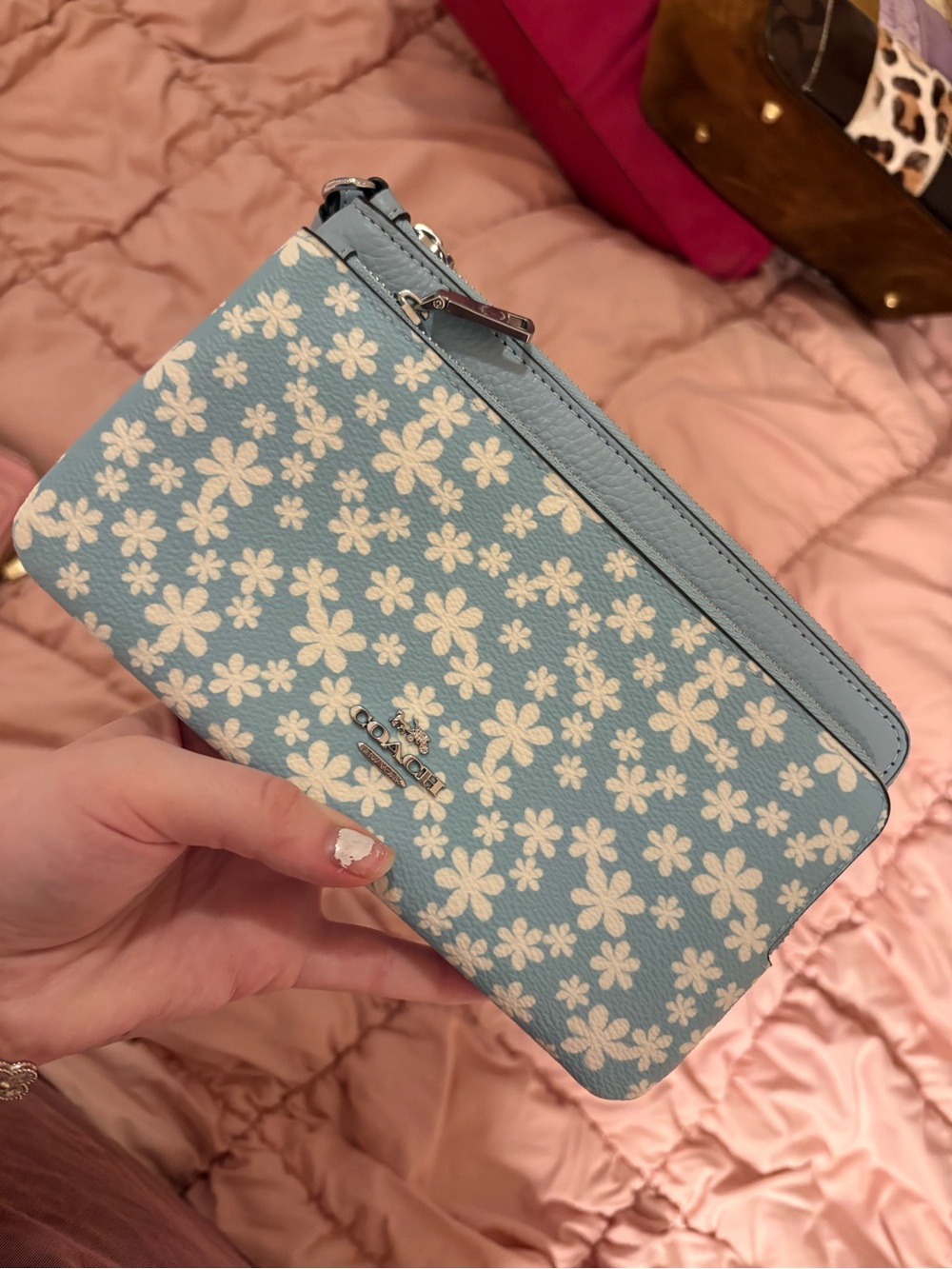 Coach Light Blue Floral Zip Card Holder Wallet